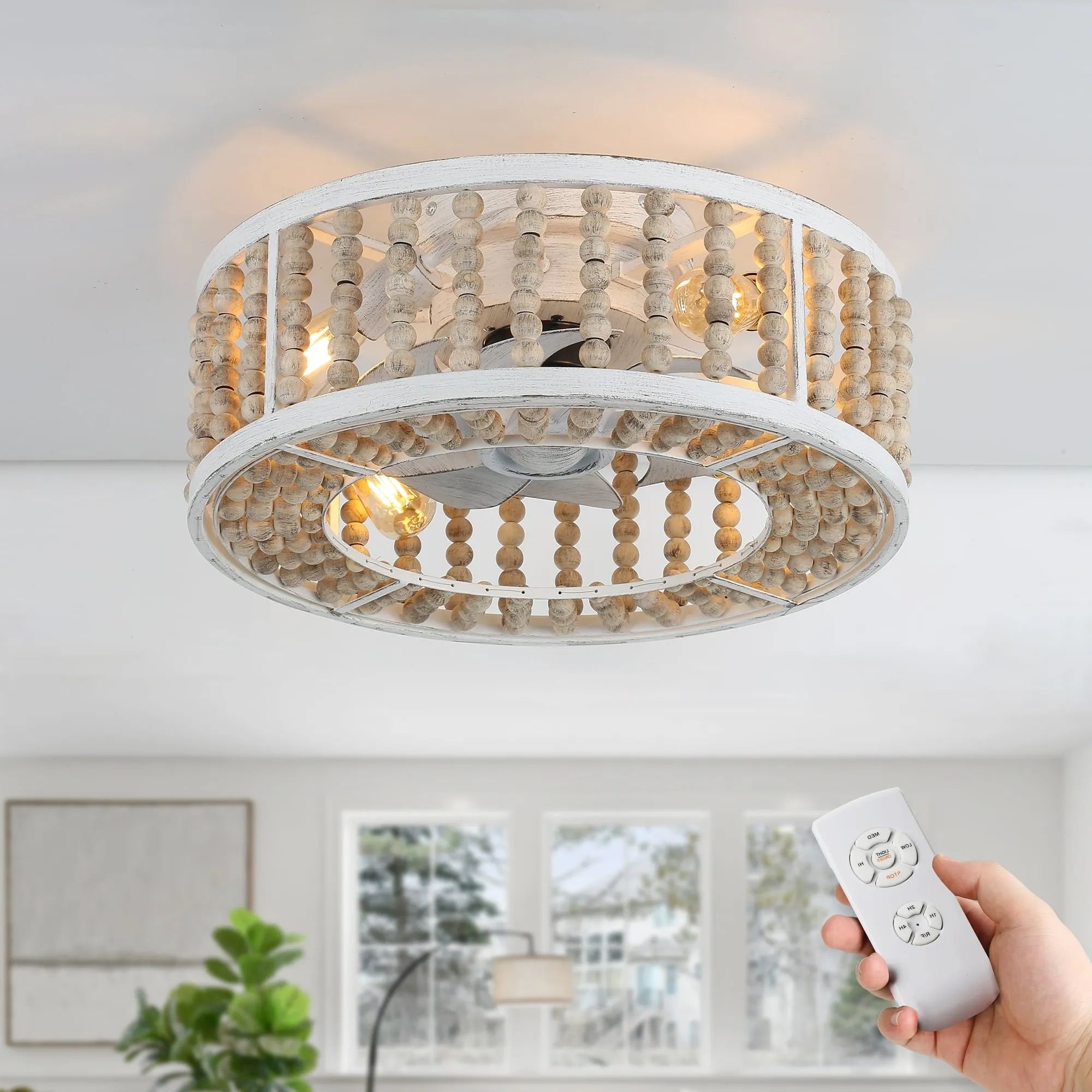 20' Distressed White Wood Caged Flush Mount Ceiling Fan with Light and Remote, 3-Speed Vintage Reversible Ceiling Fan