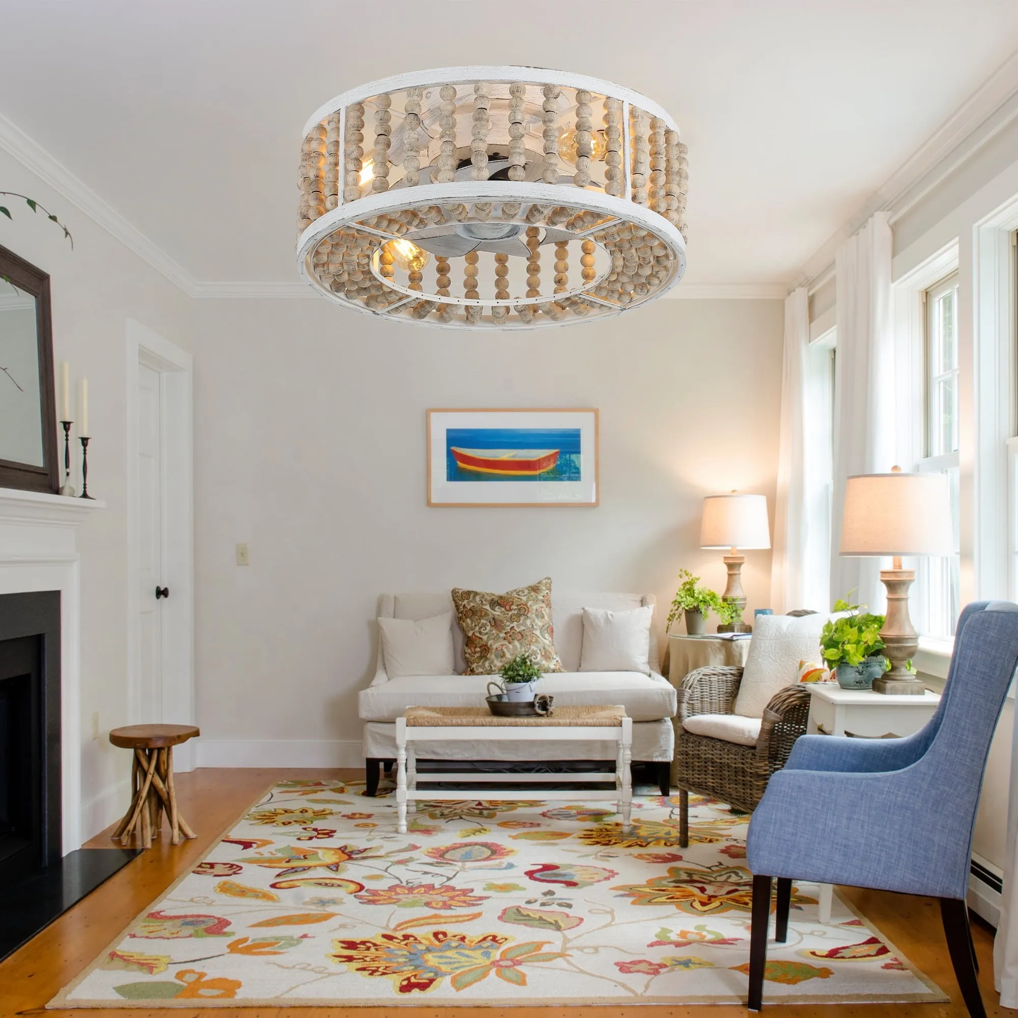 20' Distressed White Wood Caged Flush Mount Ceiling Fan with Light and Remote, 3-Speed Vintage Reversible Ceiling Fan