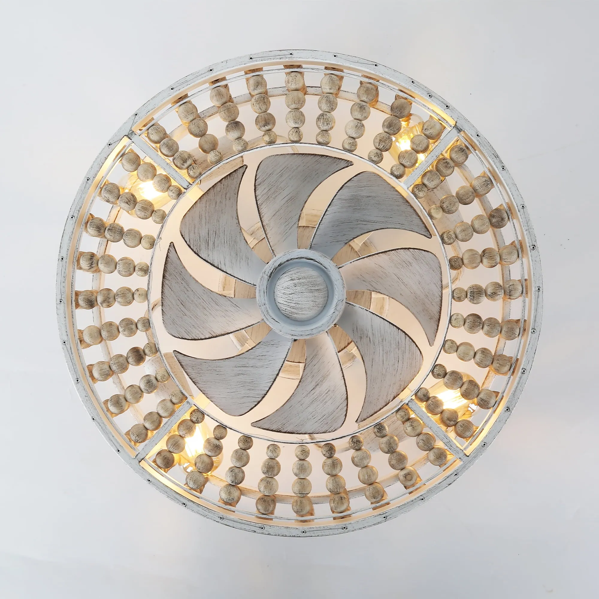 20' Distressed White Wood Caged Flush Mount Ceiling Fan with Light and Remote, 3-Speed Vintage Reversible Ceiling Fan