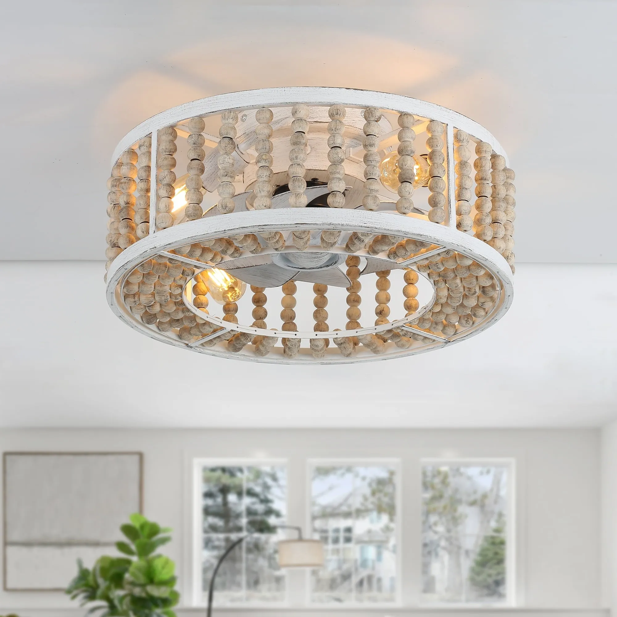 20' Distressed White Wood Caged Flush Mount Ceiling Fan with Light and Remote, 3-Speed Vintage Reversible Ceiling Fan
