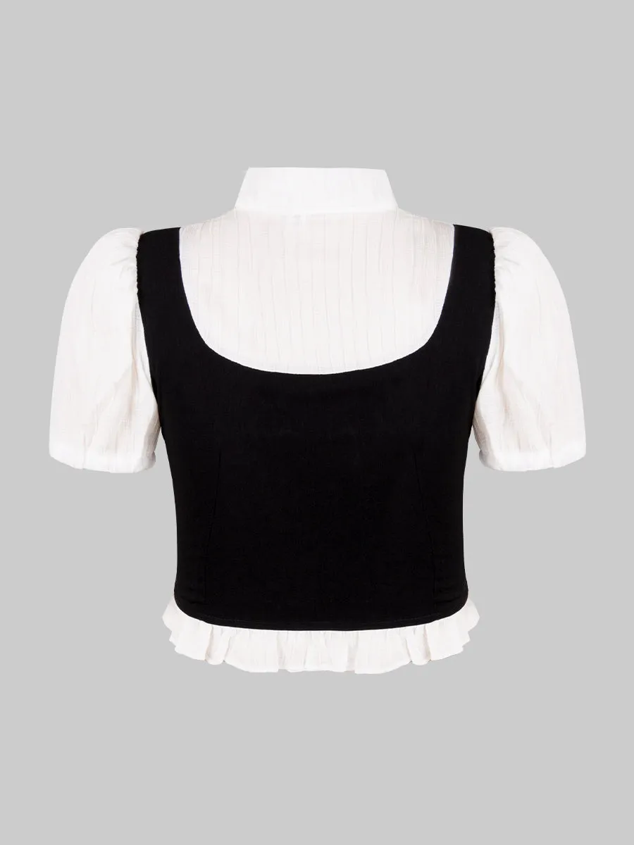 Black and White Top With Tie   Irregular Pleated Skirt Set