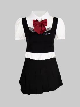 Black and White Top With Tie   Irregular Pleated Skirt Set
