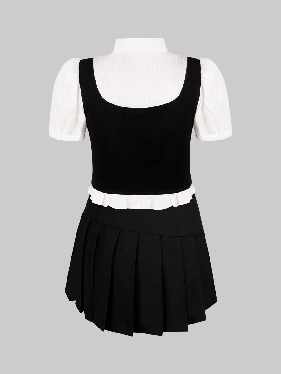 Black and White Top With Tie   Irregular Pleated Skirt Set
