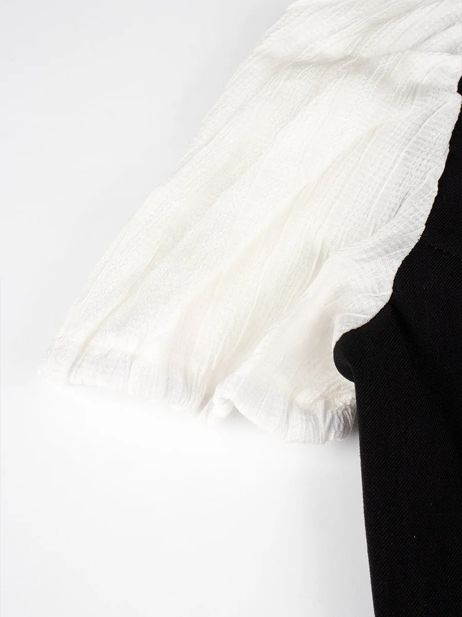 Black and White Top With Tie   Irregular Pleated Skirt Set