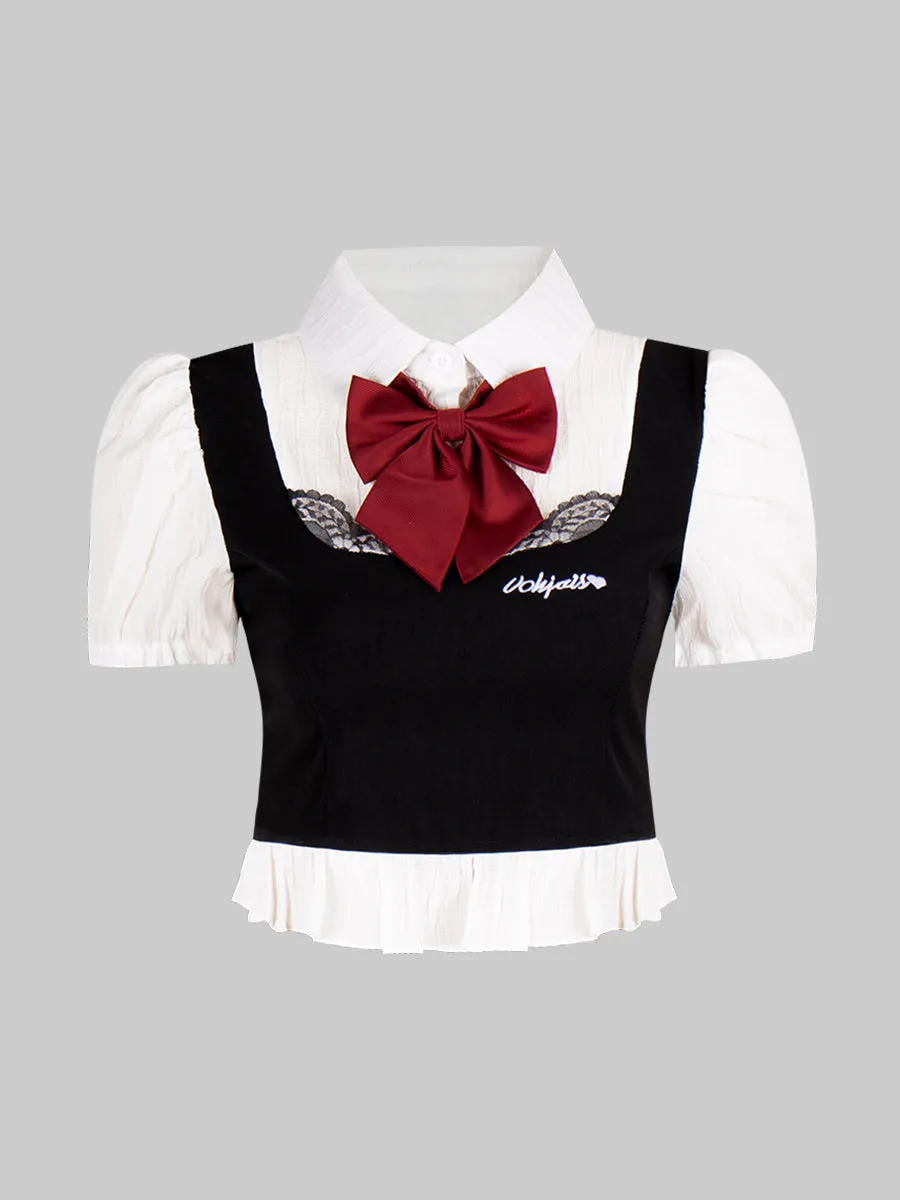 Black and White Top With Tie   Irregular Pleated Skirt Set