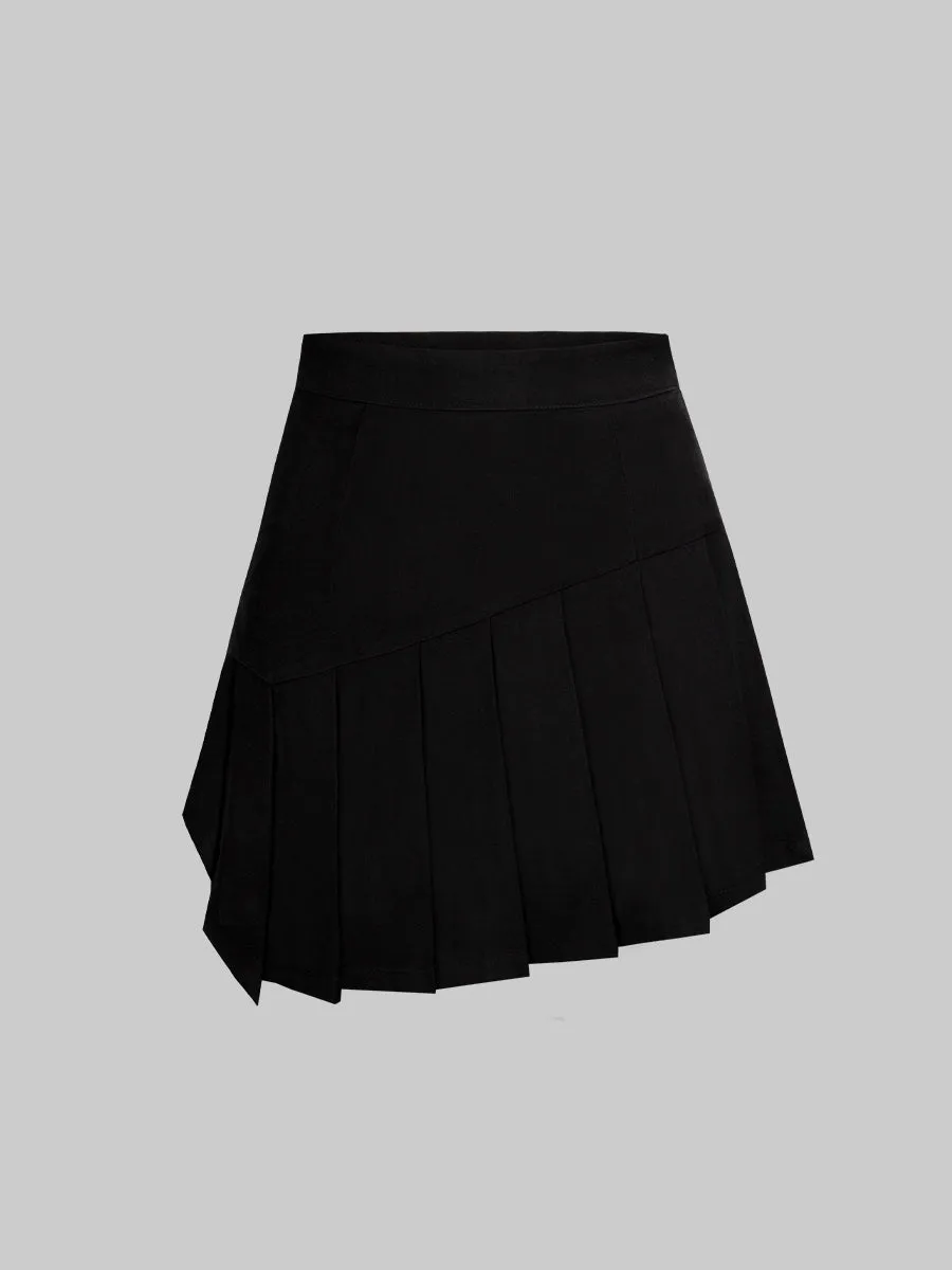 Black and White Top With Tie   Irregular Pleated Skirt Set
