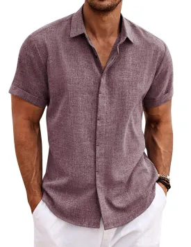 COOFANDY Men's Linen Shirts Short Sleeve Casual Shirts Button Down Shirt for Men Beach Summer Wedding Shirt Dark Red