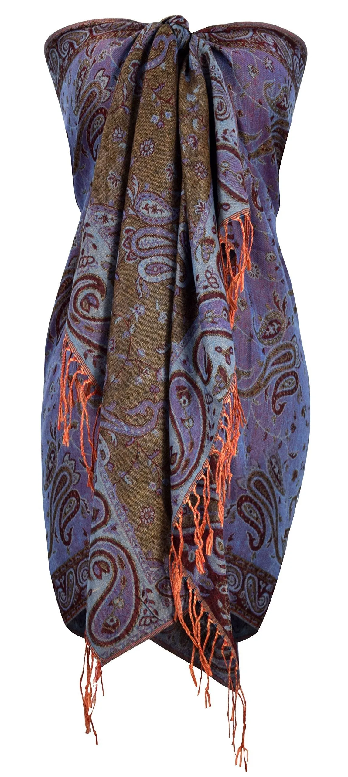 Orange Rainbow Peach Couture Elegant Double Layer Reversible Paisley Pashmina Shawl Wrap Scarf